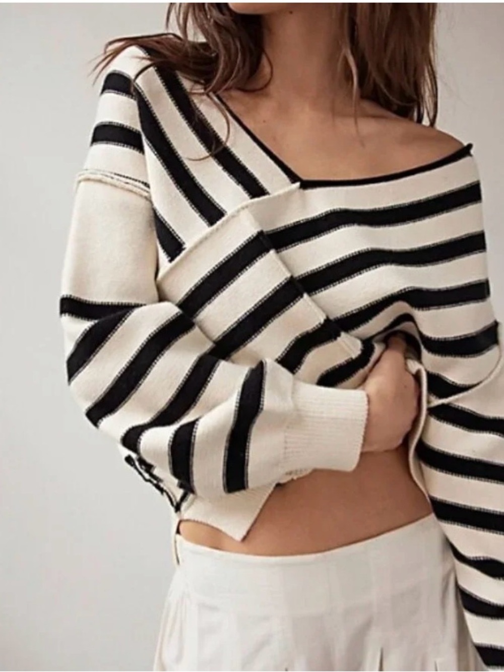 Free People Black & Cream Striped Off-Shoulder Sweater